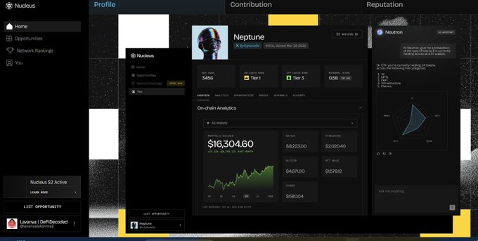Screenshot of the Nucleus profile dashboard for user 'Neptune' showing an on-chain analytics portfolio balance of $16,304.60, Tier 1/Tier 3 rankings, and reputation metrics.