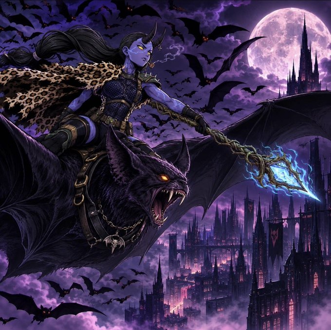 Fantasy artwork depicting a horned purple-skinned female character riding a giant bat over a gothic city at night under a full moon.