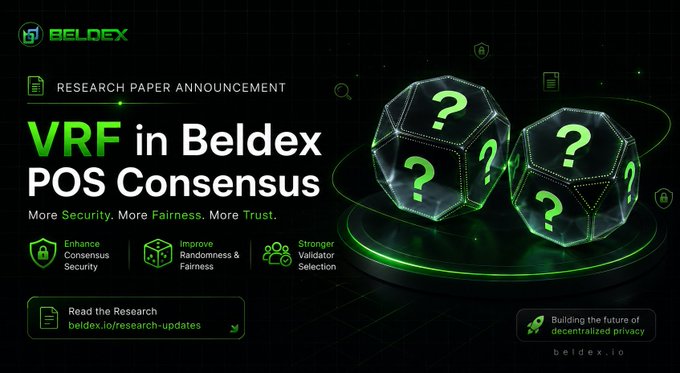 A Beldex promotional graphic announces a 'VRF in Beldex POS Consensus' research paper, highlighting enhanced security, randomness, and validator selection.