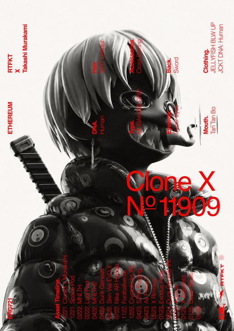 RTFKT x Takashi Murakami 'Clone X N° 11909' Ethereum NFT character profile showing various trait attributes including Eyes, Hair, Mouth, Clothing, and Background details.