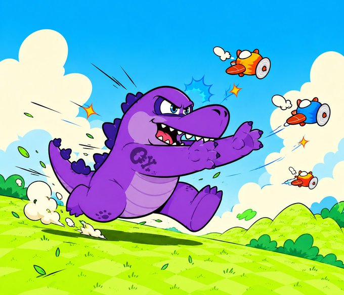Cartoon artwork of a purple dinosaur-like creature reaching for flying duck characters against a blue sky with clouds.