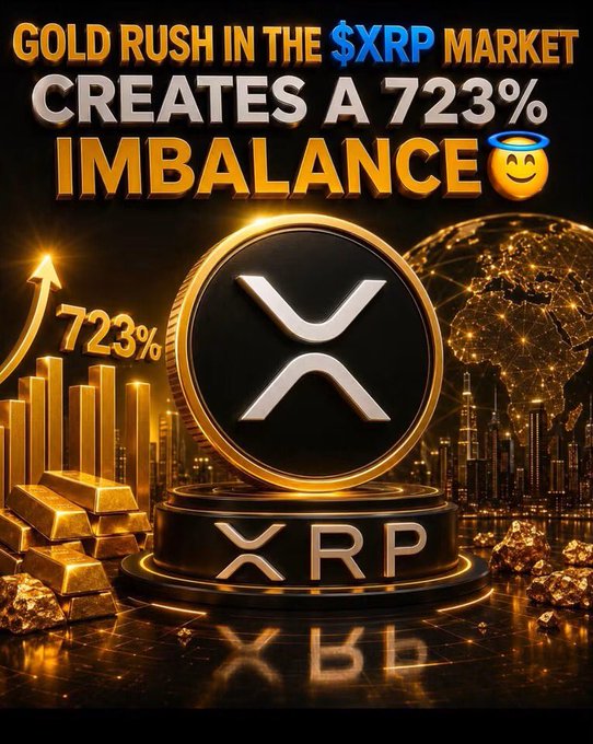 A promotional graphic titled 'GOLD RUSH IN THE $XRP MARKET CREATES A 723% IMBALANCE' featuring a large XRP coin, gold bars, and a 723% arrow, with an angel emoji.