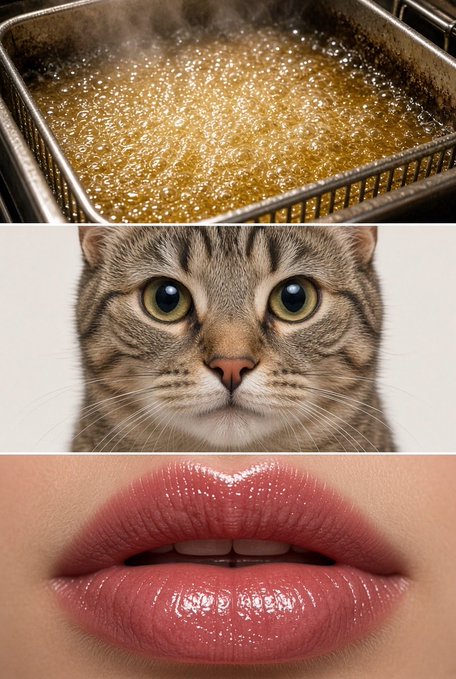 The image is a three-panel vertical composition showing hot oil bubbling in a deep fryer, a close-up of a tabby cat's face, and glossy pink lips, accompanied by a pump.fun token address "F6LvQKzPtpEKL2qZVeqRoWoUbiqoRXLWe7zXtobypump," suggesting these surreal, attention-grabbing visuals are part of a memecoin marketing campaign.