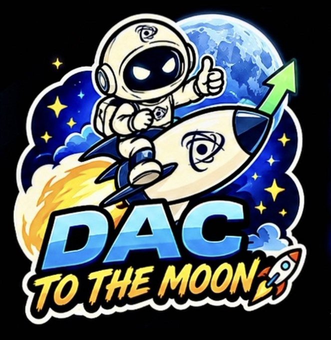A cartoon sticker-style graphic featuring an astronaut riding a rocket with the text 'DAC TO THE MOON' and an upward green arrow.