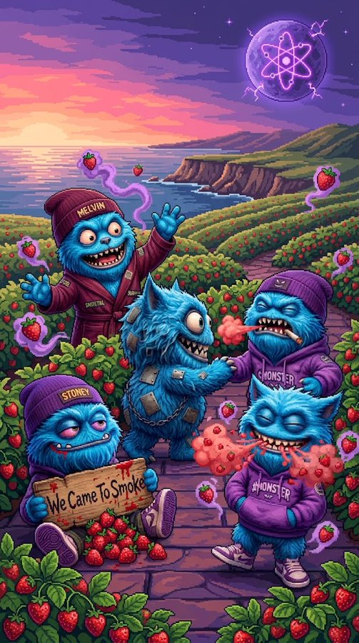 The image features a cartoon illustration of four blue monsters with big teeth, each holding a sign that says "We came to smoke". The monster on the left has a purple hat, while the other three monsters have green hats. They are standing together in front of a strawberry bush and appear to be enjoying their time smoking strawberries.