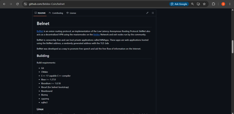 A screenshot of a GitHub README for a project named 'Belnet', described as an onion routing protocol and a decentralized VPN.