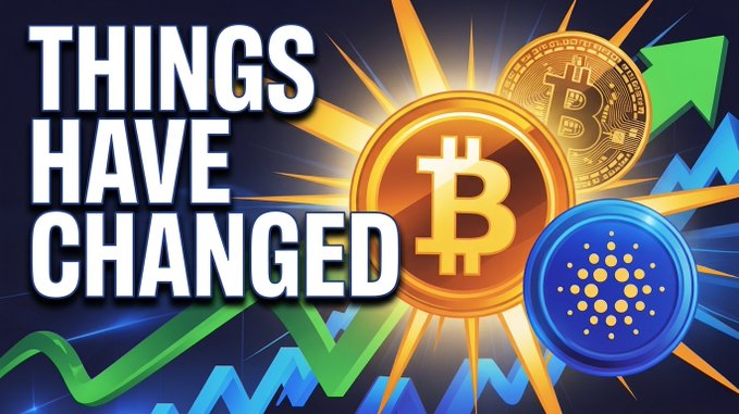 Bold text "THINGS HAVE CHANGED" overlays graphics of a gold Bitcoin coin and a blue Cardano (ADA) coin, along with upward-pointing arrows on a financial chart, visually representing the post's message about upcoming positive developments for Cardano and potential crypto tax reductions.