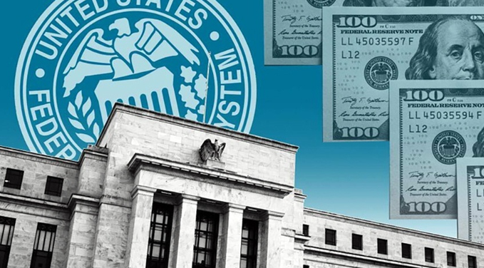 A collage showing the Federal Reserve System logo and the U.S. Federal Reserve building against a blue sky, overlaid with $100 bills featuring Benjamin Franklin.