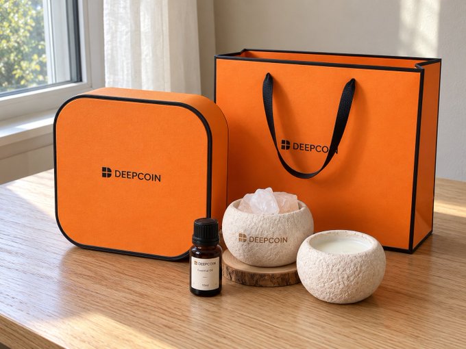 Product display of DEEPCOIN branded items including an orange zippered case, orange shopping bag, a small bottle of essential oil, and stone candle holders arranged on a wooden surface near a window.