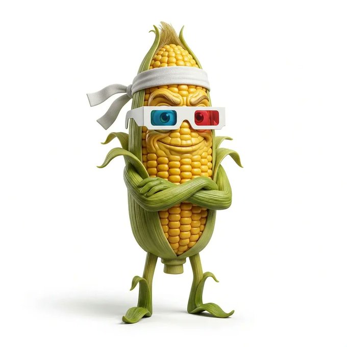 A 3D-rendered ear of corn with arms and legs, wearing a white headband and red-and-blue 3D glasses, standing with arms crossed and a confident smirk.