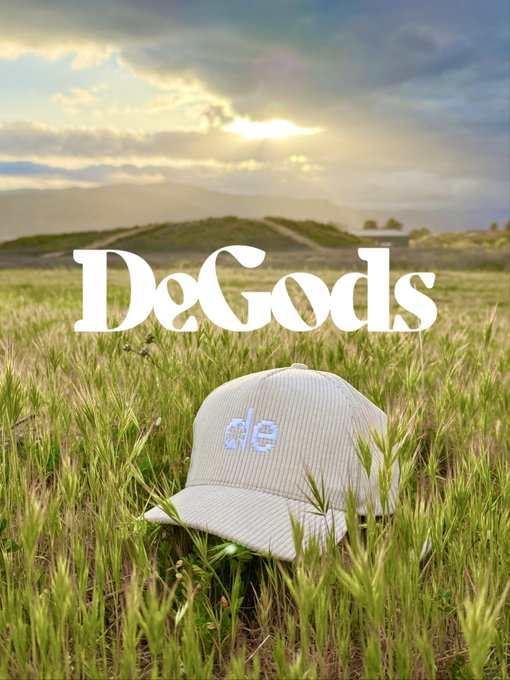 A beige corduroy 'de' branded cap lies in a grassy field with mountains and a cloudy sky in the background. The text 'DeGods' is overlaid in large white serif letters.