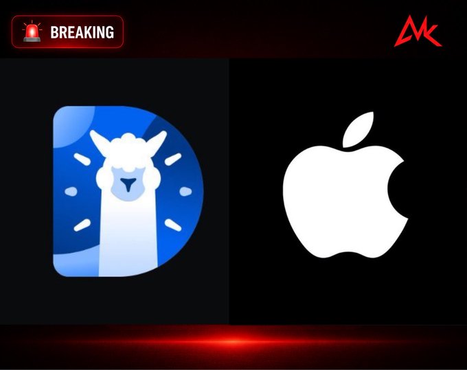 A "BREAKING" news-style graphic displaying the logos of the Alpaca iOS app and Apple side-by-side against a dark background.