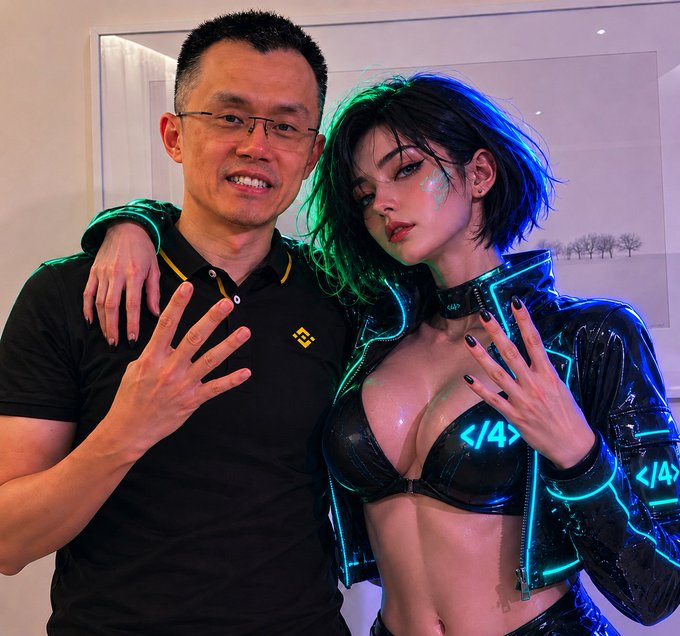 The image features a man wearing glasses, standing next to a woman who has black hair and is dressed in a black outfit with neon green lights. The man appears to be smiling at the camera while the woman poses for the photo. The background of the image shows a white wall with a picture hanging on it. There are also some numbers visible in the image that could possibly be related to the post or the content being discussed.