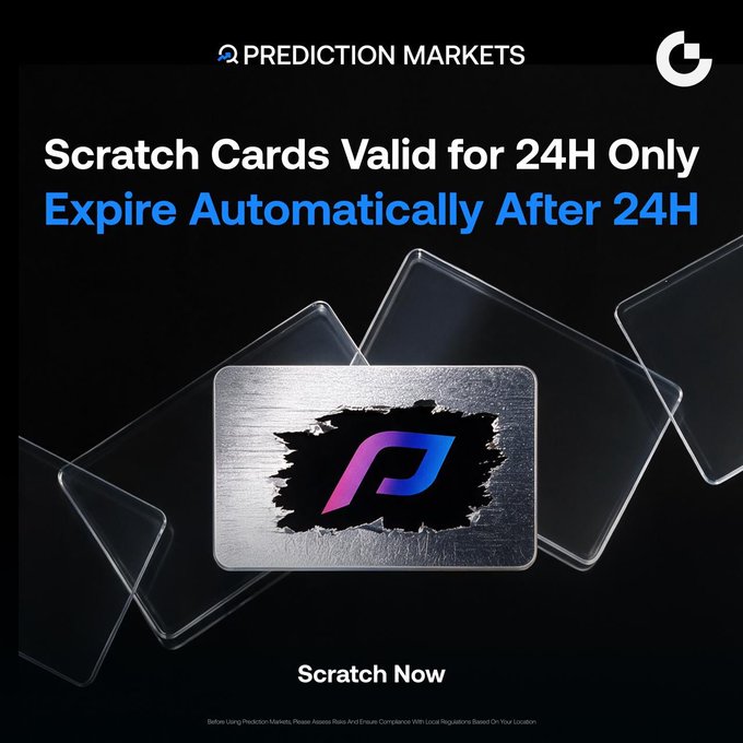 The image is a promotional graphic from Prediction Markets announcing that scratch cards are valid for only 24 hours and will expire automatically after that period, featuring a metallic scratch card with the brand's "P" logo and a "Scratch Now" call-to-action button—visually reinforcing the accompanying post's urgent message about the final 24 hours to use scratch cards before losing rewards like USDT, trading vouchers, event points, and the 30,000 USD Super Lucky Prize.