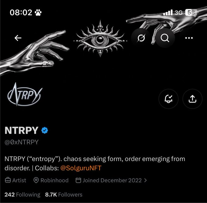 Screenshot of an X (Twitter) profile for 'NTRPY' (@0xNTRPY), an Artist account with 8.7K followers, featuring a black background with silver hands and an eye emblem design.