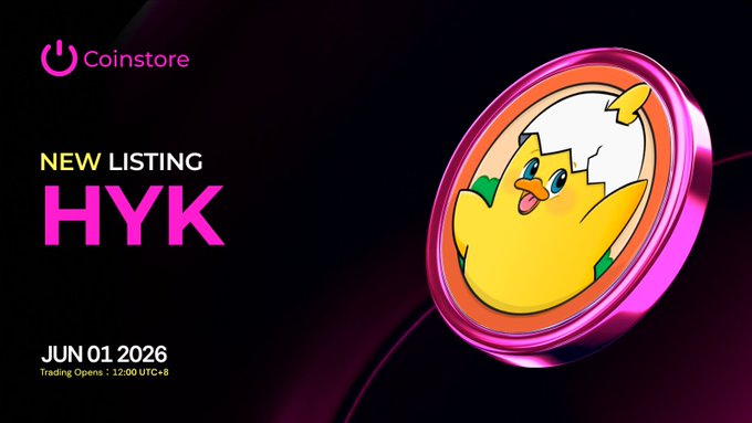 The image features a coin with a cartoon duck on it, which has been listed for sale by HYK/USDT Trading Pair. The text on the image indicates that this coin is available for trading at the CoinStore, and it was posted on Coinstore's website on June 1, 2016. The post also mentions that the coin is currently open for trading, with a specific opening time of 12:00 (UTC+8) and another opening time of 14:00 (UTC+8). Additionally, there are details about the website where the coin listing is posted, which can be found in the image's caption.