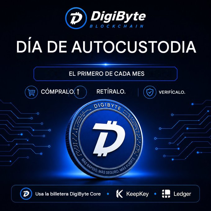 A blue promotional graphic for "DigiByte BLOCKCHAIN" announces "DÍA DE AUTOCUSTODIA EL PRIMERO DE CADA MES", instructs to "CÓMPRALO. RETÍRALO. VERIFÍCALO.", and shows the DigiByte coin alongside "KeepKey" and "Ledger" logos.