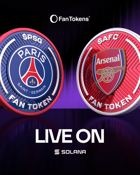 The image features two soccer balls, each with a different logo representing a team from Paris and Arsenal. The text "Live On" is written above the soccer balls, indicating that they are currently live and available for purchase as Fan Tokens on the website @solana.