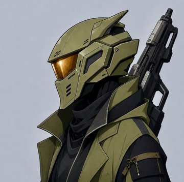An illustration of a character in green futuristic armor with a gold visor, holding a large weapon on their back.