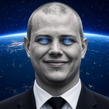 The image shows a man in a suit and tie with strikingly glowing blue eyes, set against a backdrop of Earth from space with city lights visible. The accompanying post identifies him as Justin Bons, a crypto researcher praising Cardano (ADA) as the most decentralized chain, with the futuristic, otherworldly visual complementing his forward-looking endorsement of the blockchain's scalability advancements.