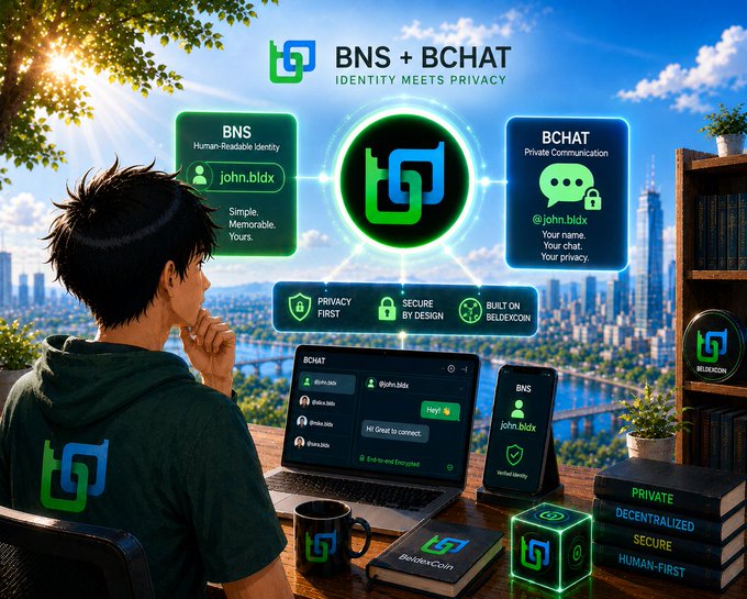 A promotional graphic for BNS + BCHAT featuring a person at a desk with the text 'IDENTITY MEETS PRIVACY' and 'PRIVACY FIRST, SECURE BY DESIGN, BUILT ON BELDEXCOIN.'
