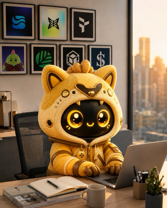 A cat-like mascot in a golden hooded outfit sits at a desk with a laptop, notebook, and coffee mug, surrounded by framed crypto and tech logos including Ripple, Polygon, Tezos, Avalanche, and others, with a city skyline in the background. The post's reference to crypto projects and community-driven approaches like satUSD is visually echoed by the character immersed in a workspace decorated with prominent blockchain brand icons.