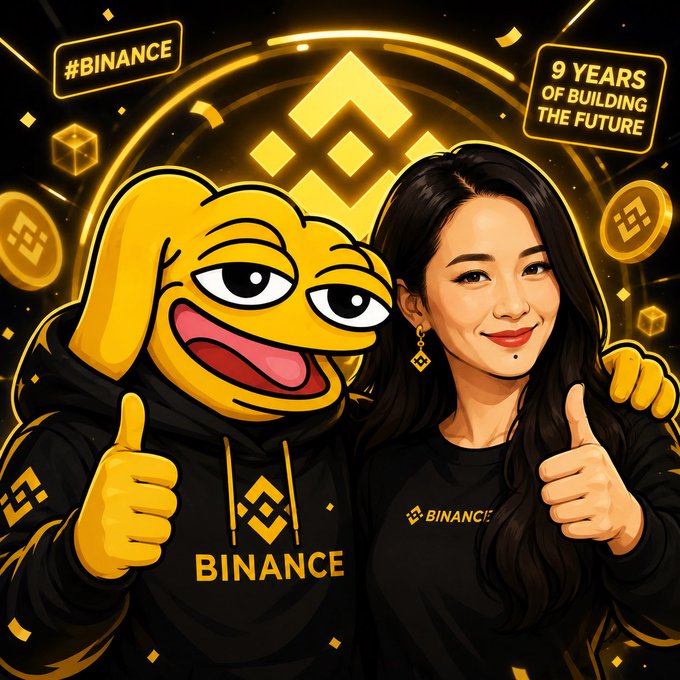 A Binance promotional graphic featuring a yellow mascot and a smiling woman giving thumbs up, with text reading '#BINANCE' and '9 YEARS OF BUILDING THE FUTURE' alongside the Binance logo.