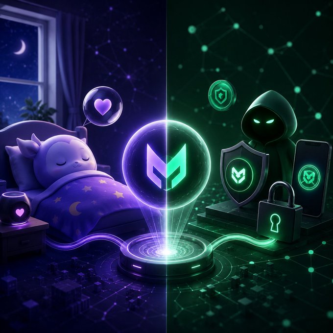 A split-screen digital illustration contrasts a purple-toned cozy bedroom with a sleeping character and heart icon on the left against a green-toned dark figure in a hood with security shields and locks on the right, united by a central glowing emblem.
