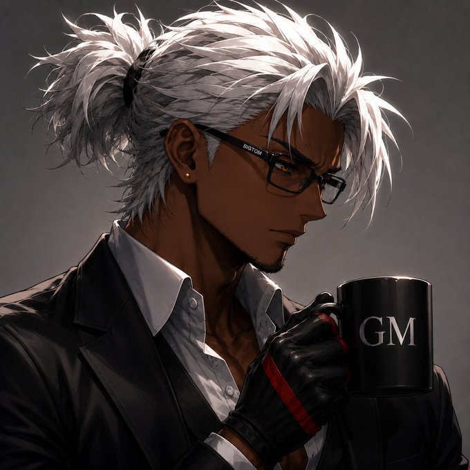 A digital anime-style illustration of a dark-skinned man with spiky white hair tied back, wearing glasses and a black jacket over a white shirt, holding a black mug with 'GM' written on it while wearing black and red gloves.