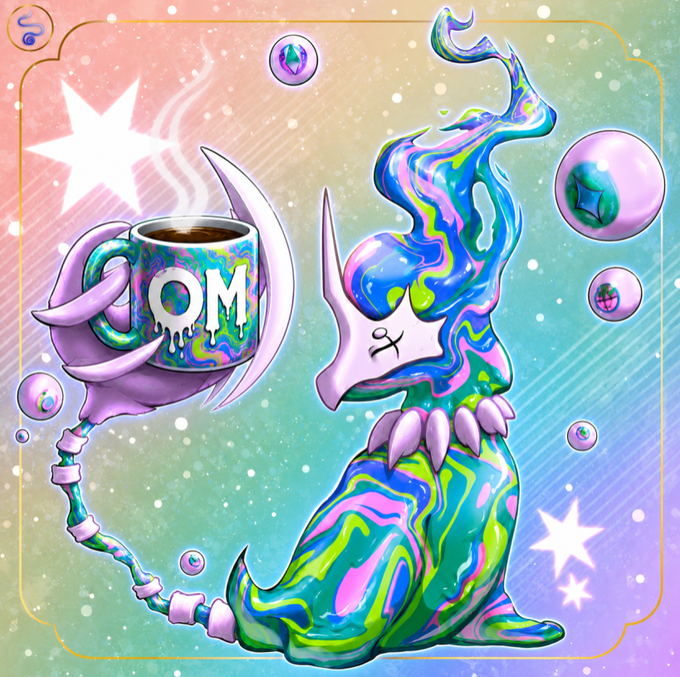 A colorful digital illustration of a creature holding a coffee mug labeled 'OM' against a pastel rainbow background.