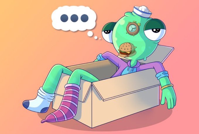 A lazy frog character wearing a sailor hat lounges in a cardboard box eating a burger while thinking "..." (ellipsis), symbolizing deep thought or anticipation. The image visually represents the guessing game mentioned in the post, where participants have 12 hours to predict the Slurps mint date for a chance to win 22 GTD prizes for 22 winners.