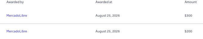 The image shows a table displaying two bounty awards from MercadoLibre, dated August 25, 2026, with amounts of $300 and $200, supporting the poster's announcement of receiving their first bounty in their career.