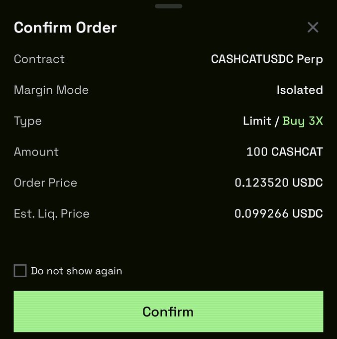 A 'Confirm Order' screen for a crypto trade showing a Limit order of 100 CASHCAT at 0.123520 USDC with 3X leverage on the CASHCATUSDC Perp contract.