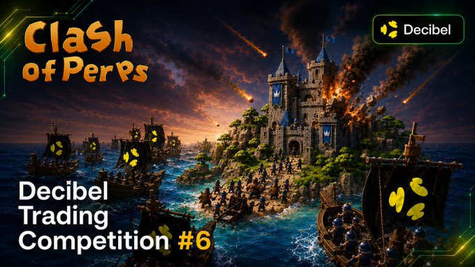 Promotional graphic for the 'Clash of Perps' Decibel Trading Competition #6, featuring a dramatic castle siege scene with ships bearing the Decibel logo.