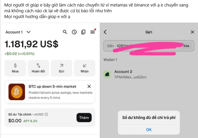 A screenshot in Vietnamese asking for help transferring from Metamask to Binance, showing an account balance of '1.181,92 US$' and an error message 'Số dư không đủ để chi trả phí'.