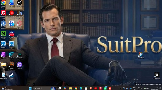 A Windows desktop with a wallpaper of Henry Cavill in a suit and the text 'SuitPro', featuring various icons like Norton, Steam, and Recycle Bin.