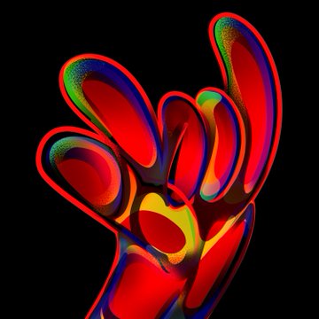 An abstract 3D digital artwork featuring vibrant, colorful, bulbous organic shapes in red, blue, green, and yellow against a black background.