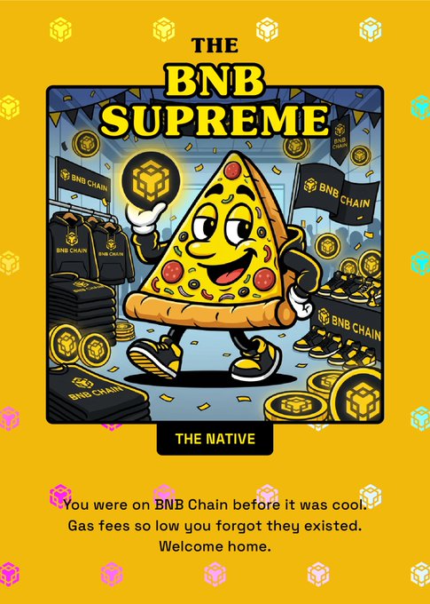 The image features a cartoon pizza character standing next to a yellow background with black text that reads "The Native" and "You were on BNB Chain before it was cool enough for them to forget you existed." The image also includes a list of items, such as "gas fees so low you forgot they existed," which suggests the post is related to cryptocurrency or blockchain technology.