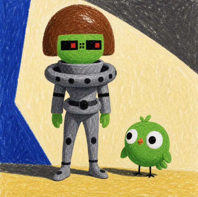 A colored pencil drawing of a green-faced character in a silver robot suit with brown hair, standing next to a small green bird.
