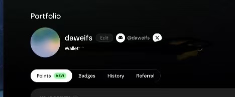 Screenshot of a 'Portfolio' profile for user 'daweifs' (@daweifs) with tabs for Points (NEW), Badges, History, and Referral.