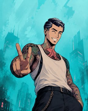 A confident, tattooed young man with dark hair smiles and flashes a peace sign toward the viewer, set against a stylized teal cityscape background. The vibrant illustration fits the "New @MadLads everyday" post, showcasing the stylish character art associated with the MadLads NFT collection.