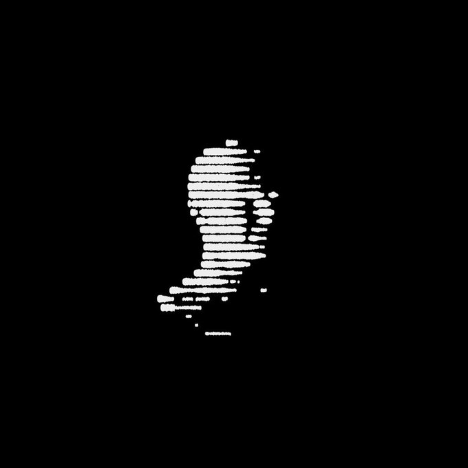 A distorted, glitchy white silhouette of a boot or shoe composed of horizontal stripes against a solid black background.