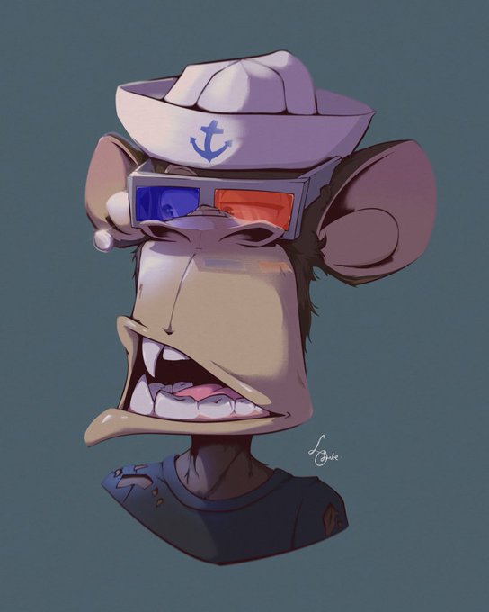 A digital illustration of an anthropomorphic monkey wearing a white sailor hat with an anchor emblem and red-and-blue 3D glasses, with its mouth wide open in an exaggerated expression.