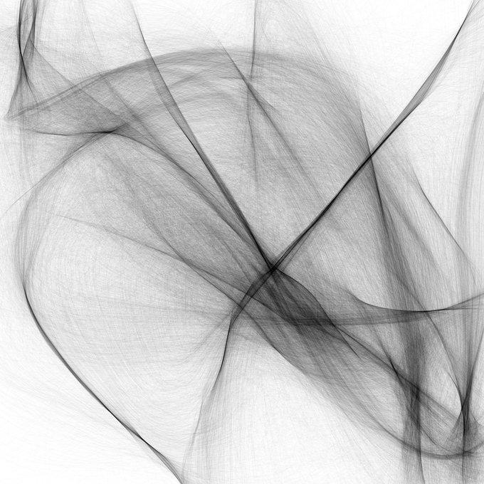 An abstract piece of art featuring flowing, wispy black lines resembling translucent fabric or smoke on a white background.
