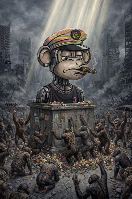 A large monkey statue with a colorful cap, smoking cigar, and a jersey bearing the number "3" sits atop a pedestal covered in flowers, surrounded by worshipping monkeys in a post-apocalyptic ruined city. The imagery symbolizes the JungleBayAC team's years of dedication and grassroots community-building in the NFT space before launching their token.