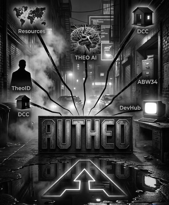 A dark, atmospheric promotional graphic titled "AUTHEO" shows a central brain labeled "THEO AI" connected by lines to various elements including "Resources," "DCC," "TheoID," "ABW34," and "DevHub," set in a noir-style urban alleyway.