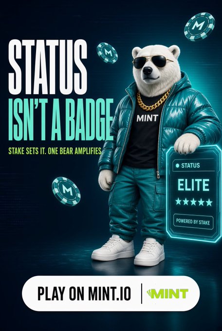A promotional poster for MINT.IO featuring a cool polar bear wearing sunglasses, a gold chain, and a teal puffer jacket, with the slogan 'STATUS ISN'T A BADGE' and an 'ELITE' member card.
