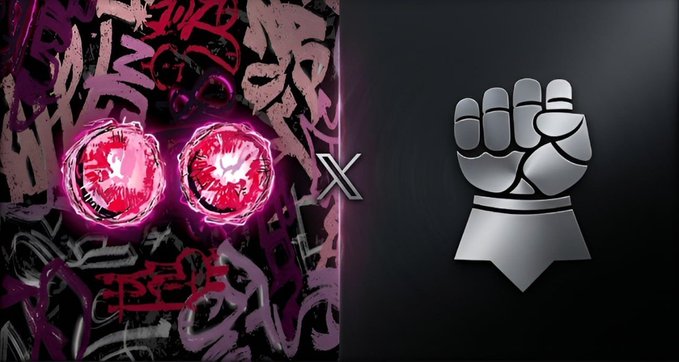 The image is a split promotional graphic with "Penni" branding (featuring glowing pink/red eyes over graffiti-style text) on the left and the "Iron Allies" metallic fist logo on the right, separated by an "X" to denote collaboration. It announces a giveaway partnership between the two projects, directing viewers to join the Penni Discord to participate.