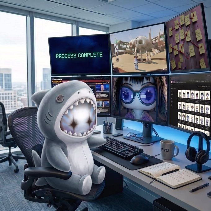 A cartoon shark mascot sits at a multi-monitor computer setup displaying 'PROCESS COMPLETE' alongside various game screens and 3D modeling software.