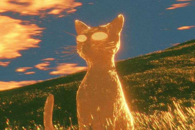 A glowing cat gazes into the sunset over a grassy hill, radiating golden warmth — a fitting visual metaphor for BNB, the rare crypto that people genuinely love, lit up like a sunset instead of left in the shadows.